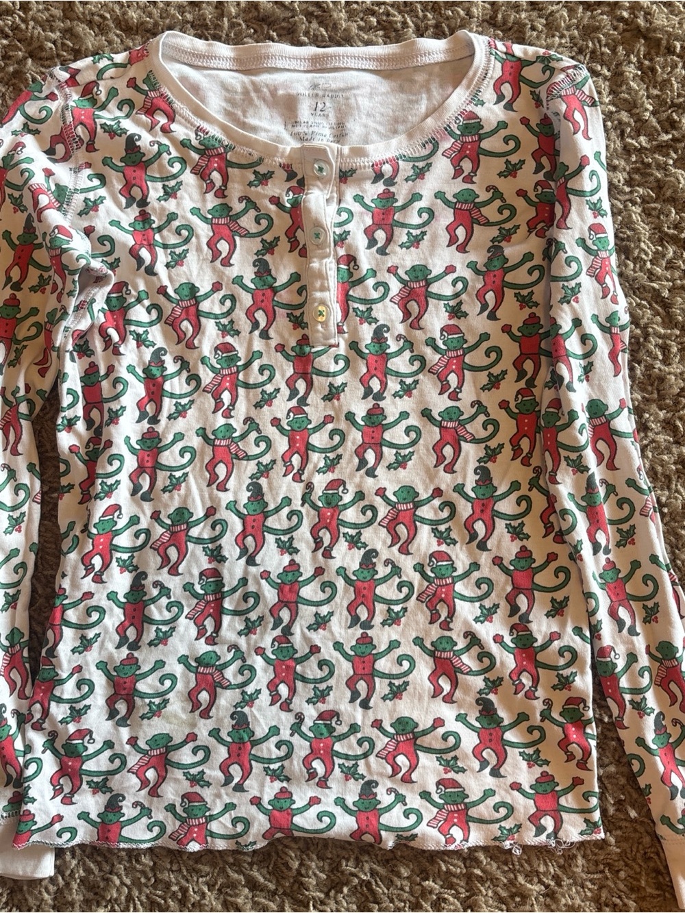 Roller Rabbit White Long-Sleeve Pajama Top with Red and Green Monkey Print